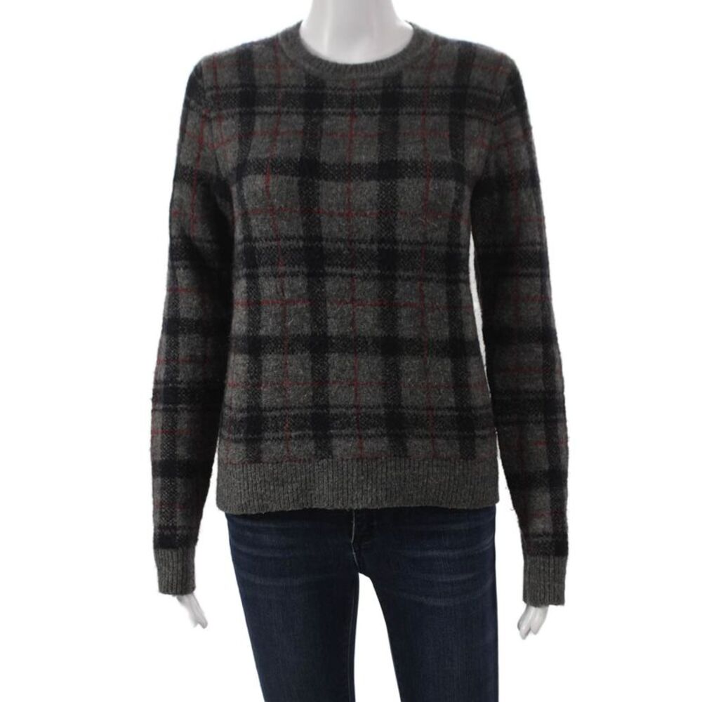 Ines De La Fressange Women Plaid Gray Pullover Sweater Crew Neck Size XS